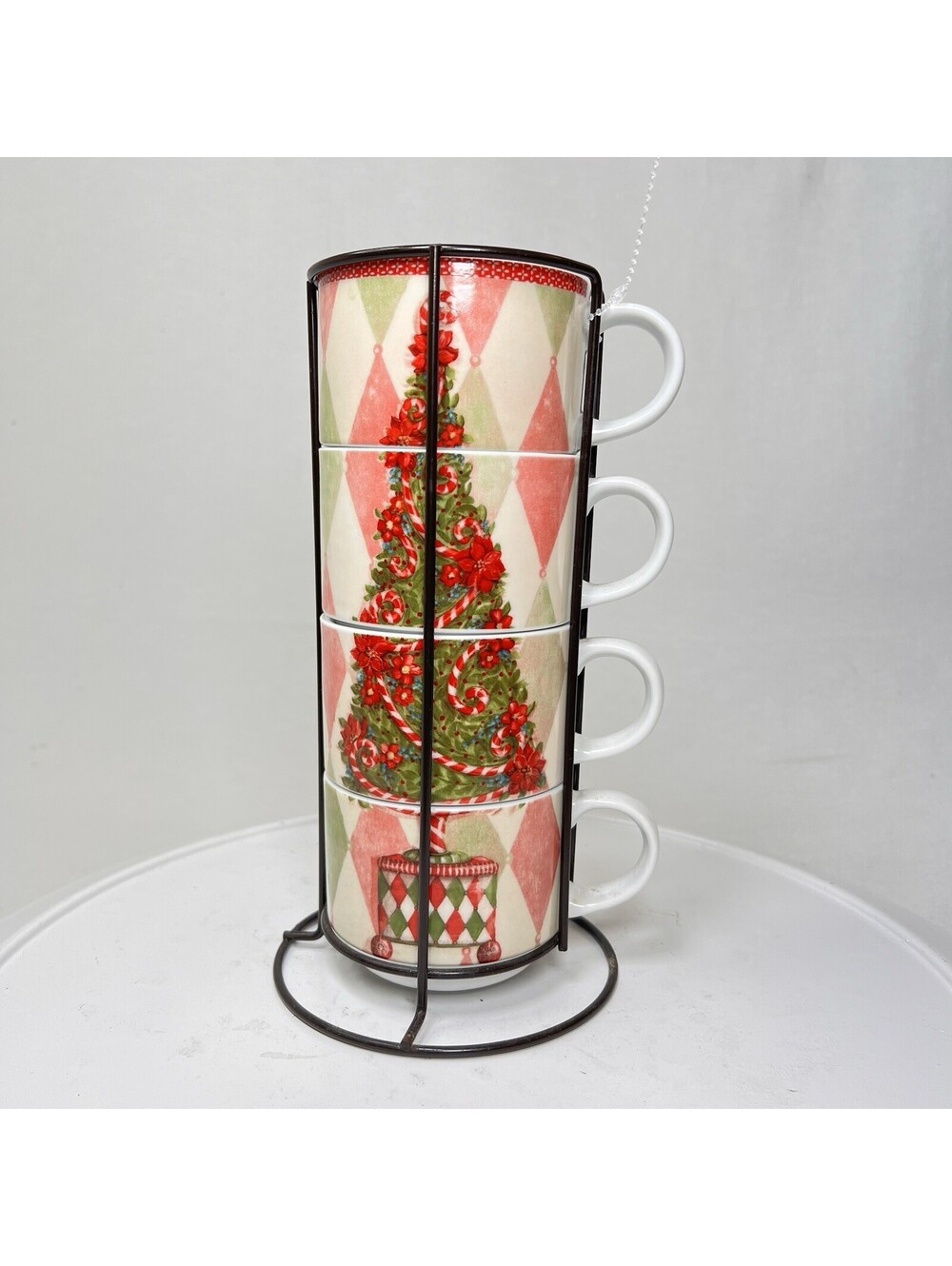 Pier 1 Imports Stacking Porcelain 4 Mugs Christmas Tree Pattern Black Rack